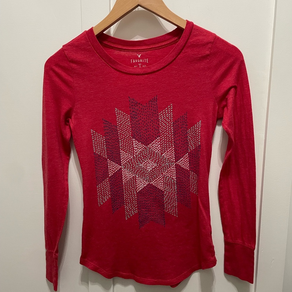 American Eagle XS Long Sleeve Red Snowflake Festive Holiday‎ Favorite T-shirt